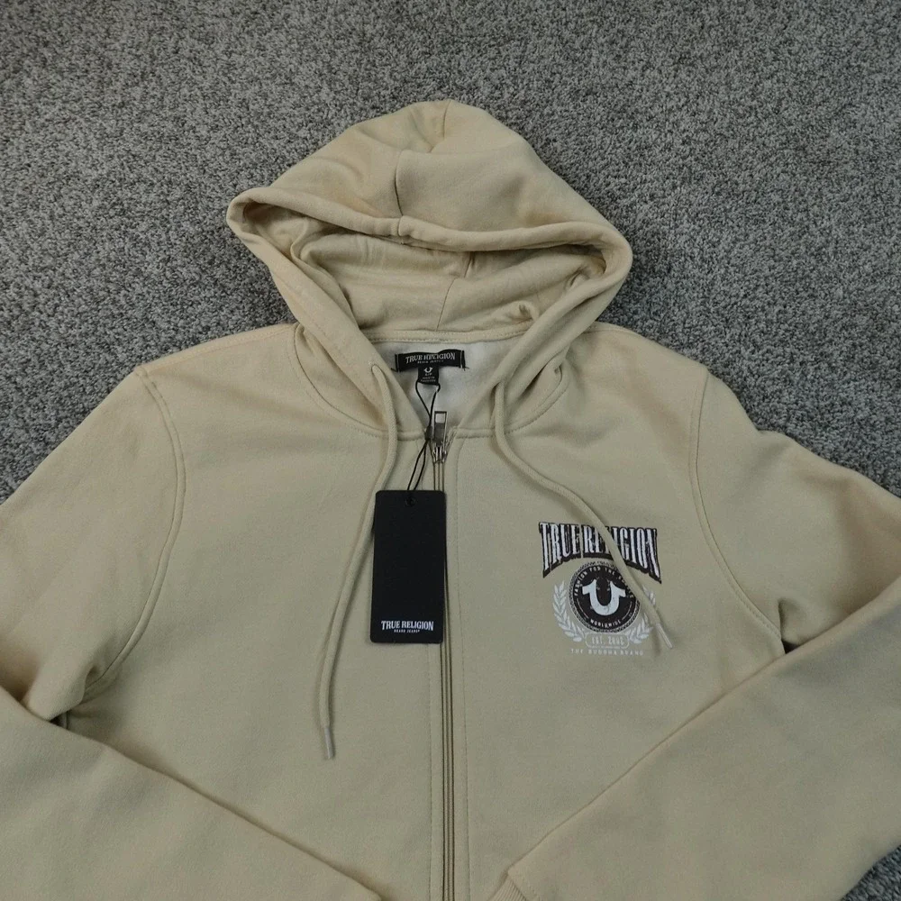 NEW True Religion Hoodie Mens S Beige Full Zip Fleece Sweatshirt Jacket Graphic